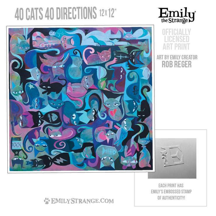 40 Cats 40 Directions 12x12" Art Print Framed or Unframed
