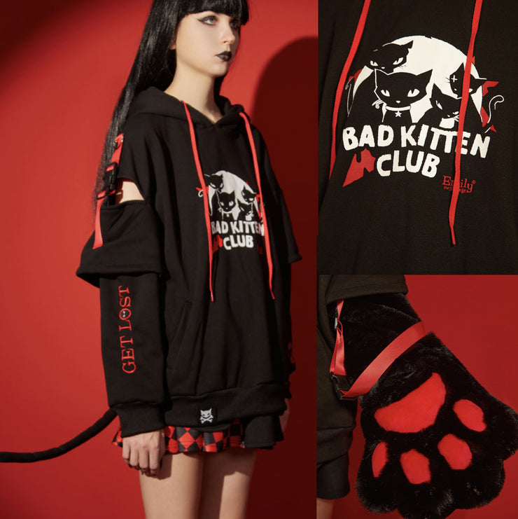 Bad Kitten Club Cat Pullover Hoodie with Furry Paw Gloves