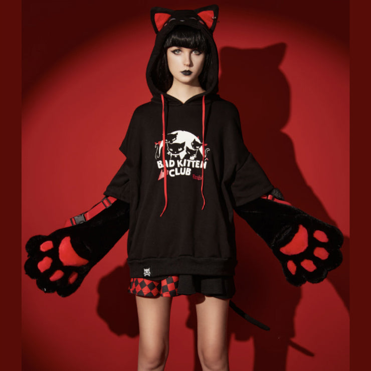 Bad Kitten Club Cat Pullover Hoodie with Furry Paw Gloves – Emily The  Strange