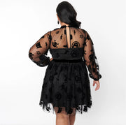 Black Flocked Tulle Flare Dress